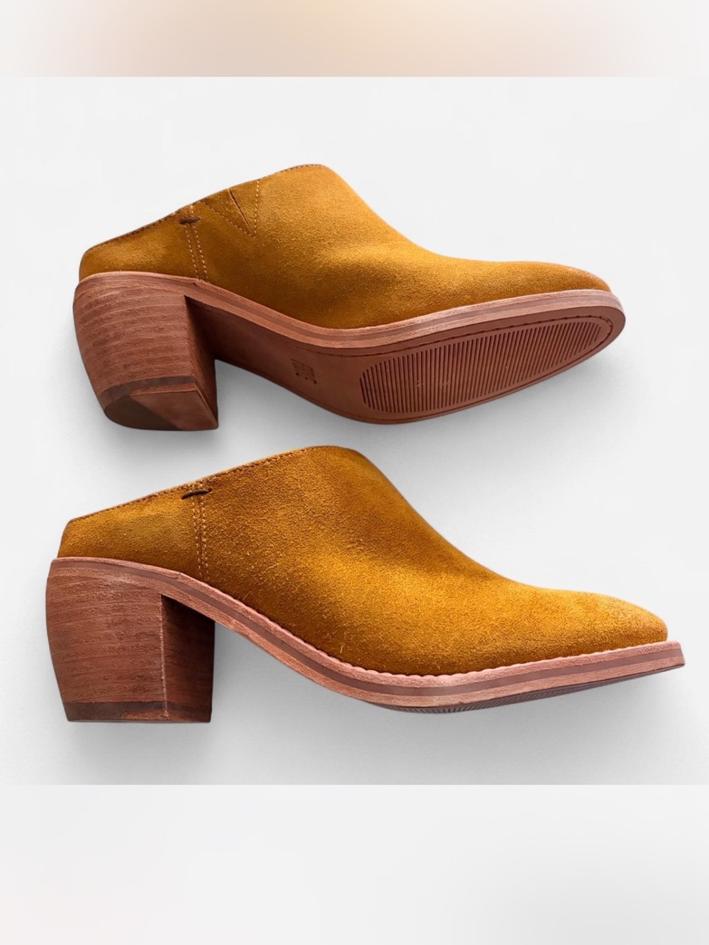 Frye Suede Mule Heels in Mustard Yellow - Women's Slip-On Shoes